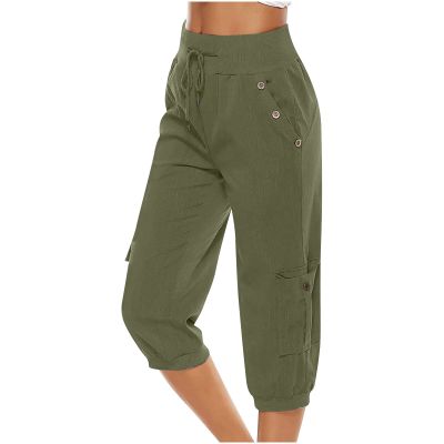 Uillui Women's Cotton Linen Capri Pants Lightweight Loose Fit Cargo Joggers Pants Elastic Waist Hiking Athletic Sweatpants Army Green