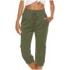 Uillui Women's Cotton Linen Capri Pants Lightweight Loose Fit Cargo Joggers Pants Elastic Waist Hiking Athletic Sweatpants Army Green view 2