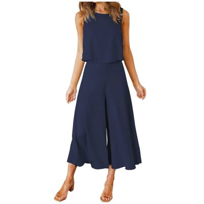 Two Piece Summer Outfits Women's Casual Linen Matching Sets Loose Loungewear Crop Top Set Boho Beach Vacation Clothes Navy