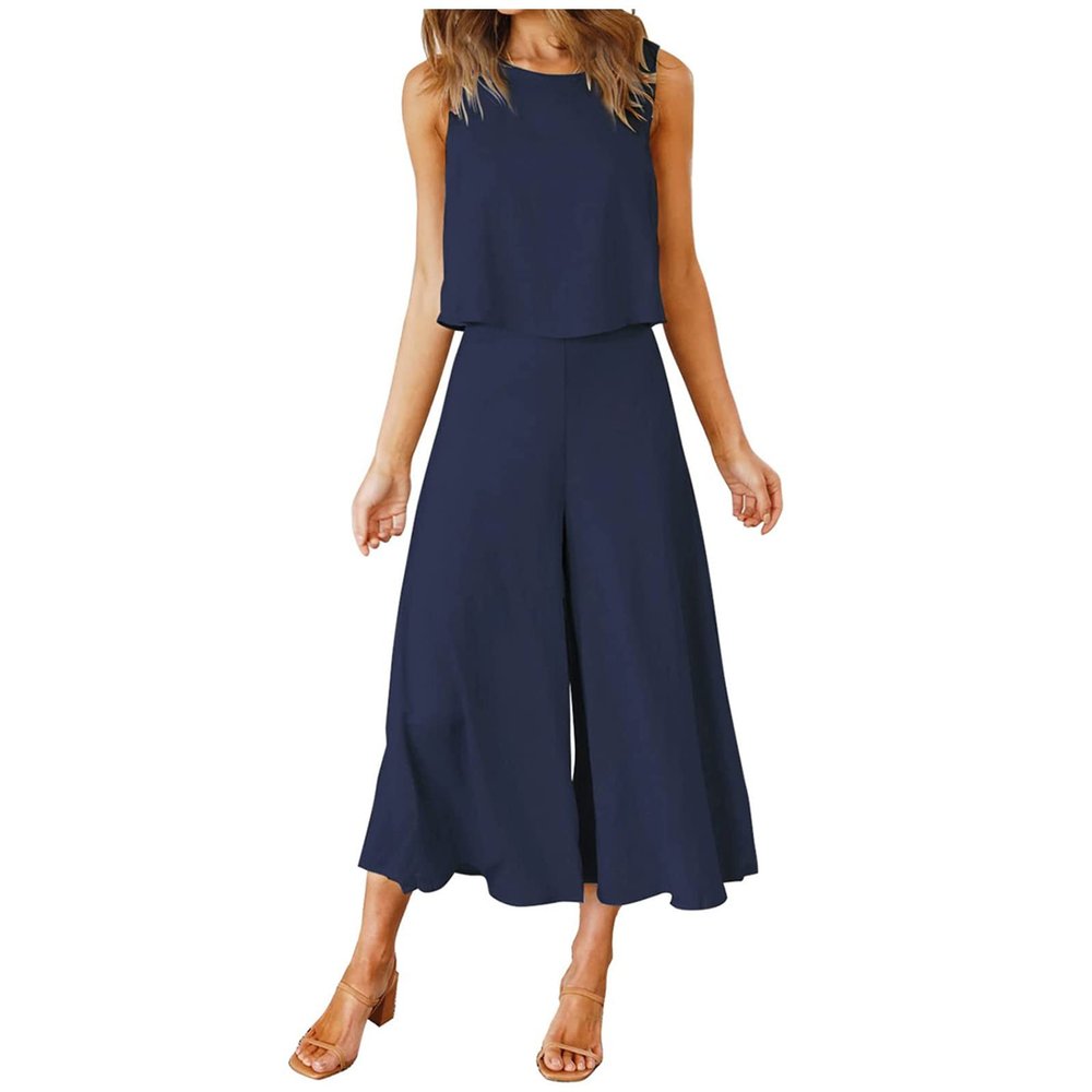 Two Piece Summer Outfits Women's Casual Linen Matching Sets Loose Loungewear Crop Top Set Boho Beach Vacation Clothes Navy