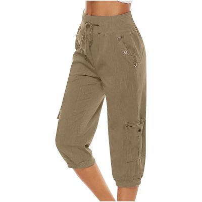 Uillui Women's Cotton Linen Capri Pants Lightweight Loose Fit Cargo Joggers Pants Elastic Waist Hiking Athletic Sweatpants Khaki