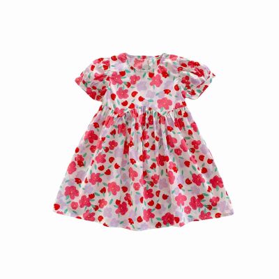 Girls Summer Flower Print Crew Neck Short Sleeve A Swing Skirt Casual Out for 1 to 7 Years Toddler Ballet Leotard (Pink, 5-6 Years)