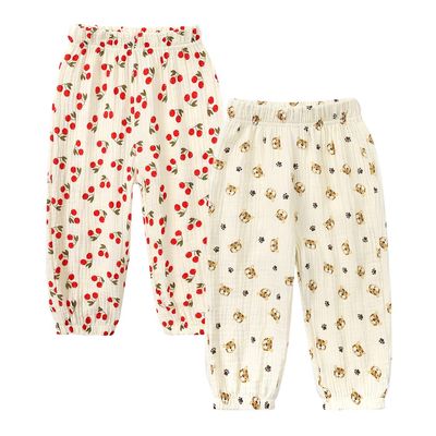 MYGBCPJS Baby Boys Girls 2 Pack Cotton Linen Long Bloomers Graphic Printed Trousers Ankle Length Kids Elastic Waist Pants