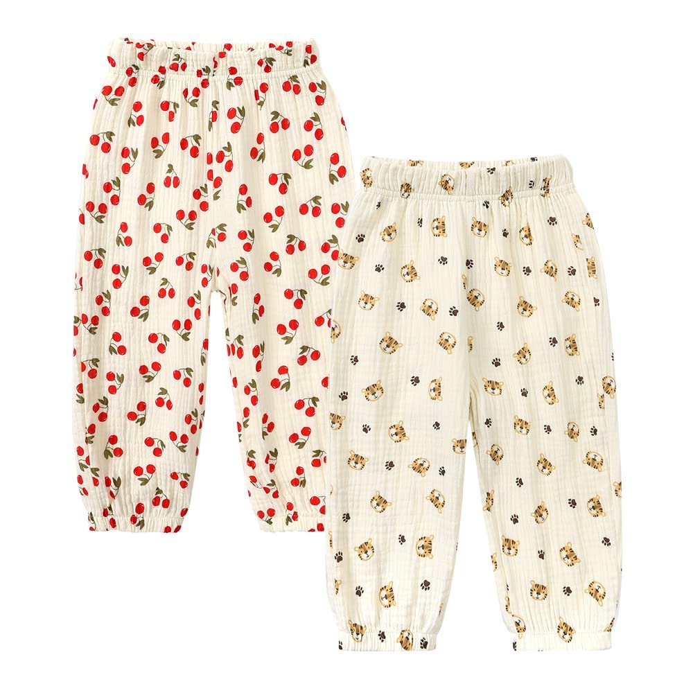 MYGBCPJS Baby Boys Girls 2 Pack Cotton Linen Long Bloomers Graphic Printed Trousers Ankle Length Kids Elastic Waist Pants