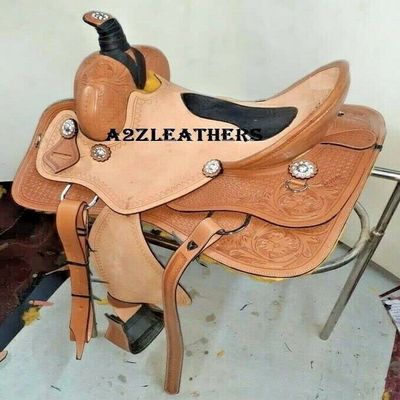 AMAZING HORSE STUFF Western Designer Natural Leather Barrel Racing Rough Out Saddle with Black Cow Soft Padded Cutout seat | 15" |Hand Tooled & Carved Leather |
