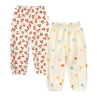MYGBCPJS Baby Boys Girls 2 Pack Cotton Linen Long Bloomers Graphic Printed Trousers Ankle Length Kids Elastic Waist Pants