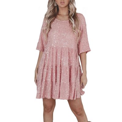 owsber Women's Sequins Tshirt Dress Short Party Loose Sparkly T Shirt Dresses Bling Wear Gown (pink, l)