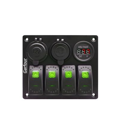 Garfour Green Waterproof Boat Rocker Switch Panel 3.1A Volt Dual USB Socket LED Light Voltmeter Cigarette Lighter Socket 4 Bang Rocker Switch Panel for Car RV SUV Boat