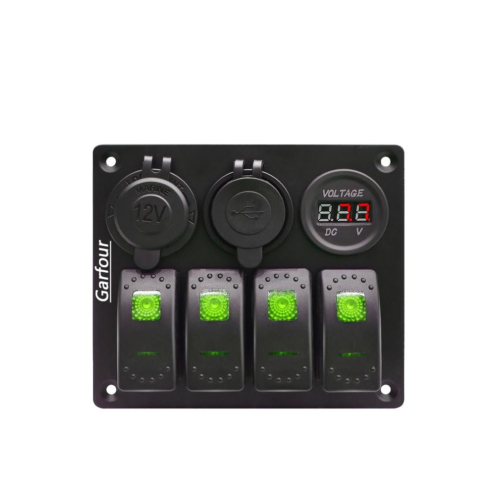 Garfour Green Waterproof Boat Rocker Switch Panel 3.1A Volt Dual USB Socket LED Light Voltmeter Cigarette Lighter Socket 4 Bang Rocker Switch Panel for Car RV SUV Boat