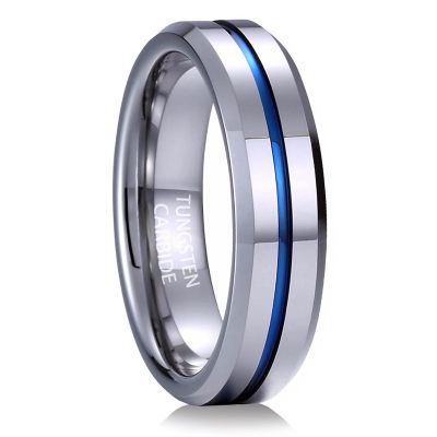 LOSTERLO Mens Tungsten Ring Wedding Band 6mm Glossy Silver Blue Centre Groove Comfort Fit Size 13
