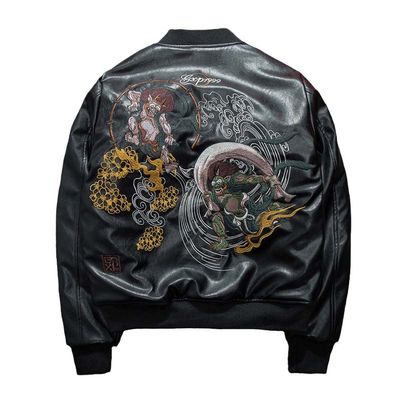 Aoleaky Faux Leather Bomber Jacket Winter Ghost Embroidery,Cotton Padded Hip Hop Baseball Style Black M