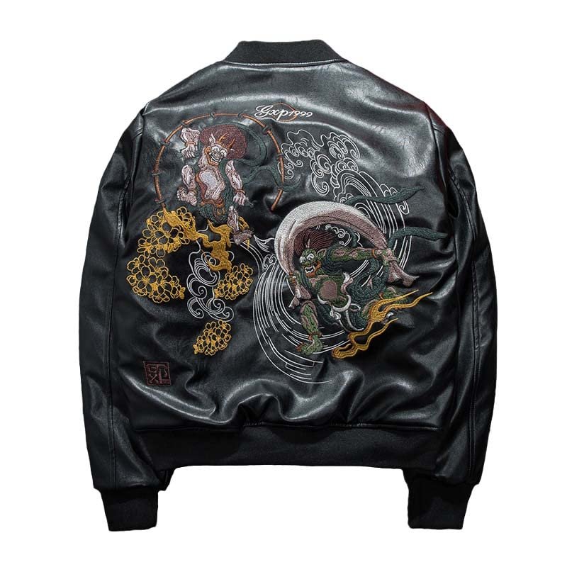 Aoleaky Faux Leather Bomber Jacket Winter Ghost Embroidery,Cotton Padded Hip Hop Baseball Style Black M