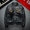 Aoleaky Faux Leather Bomber Jacket Winter Ghost Embroidery,Cotton Padded Hip Hop Baseball Style Black M view 3