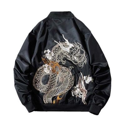 Aoleaky Winter Bomber Jacket Thick Padded Dragon Embroidery,Warm Hip Hop Coat,Sukajan Baseball Style Black XL