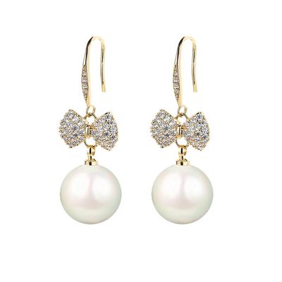 MIKAMU 14K Gold Ribbon Bow Stud Earrings for Women CZ cubic zirconia Gold Plated Pearl Earring for Women Jewelry (gold)