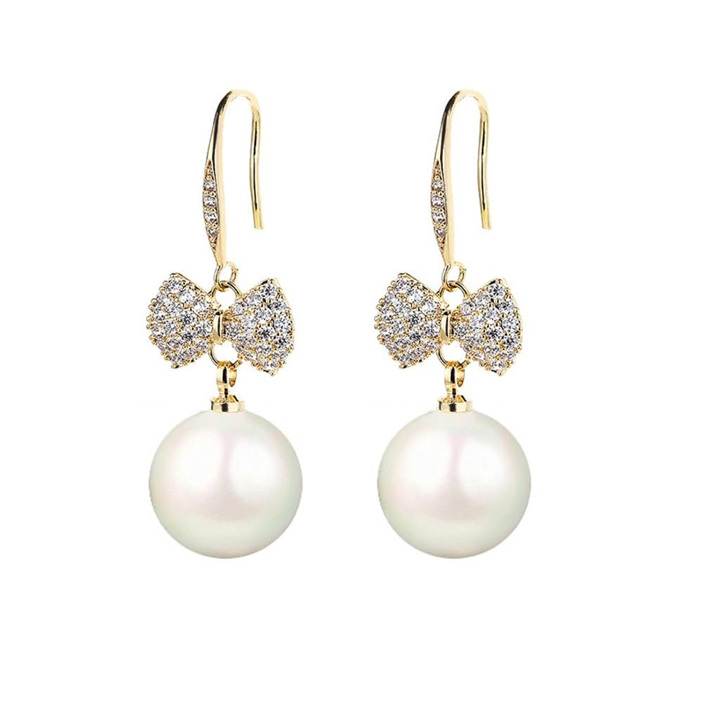 MIKAMU 14K Gold Ribbon Bow Stud Earrings for Women CZ cubic zirconia Gold Plated Pearl Earring for Women Jewelry (gold)