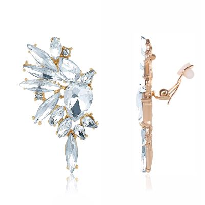Met-edianger Clear Rhinestone Statement Earrings Retro Vintage Crystal Clip on Drop Dangle Earrings Non Pierced Earrings for Women