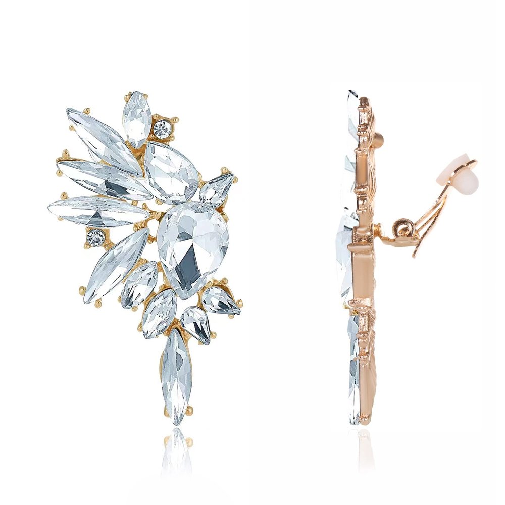 Met-edianger Clear Rhinestone Statement Earrings Retro Vintage Crystal Clip on Drop Dangle Earrings Non Pierced Earrings for Women