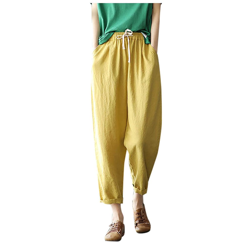 Uillui Womens Cotton Linen Harem Pants Summer Casual Tapered Cropped Baggy Lounge Trouser Lightweight Loose Yoga Capri Pants Yellow