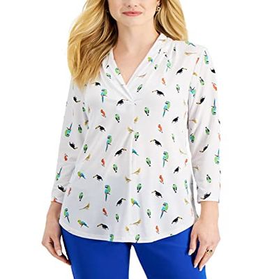 Charter CIub Womens Printed Pleat Neck Top Bright White Combo XS