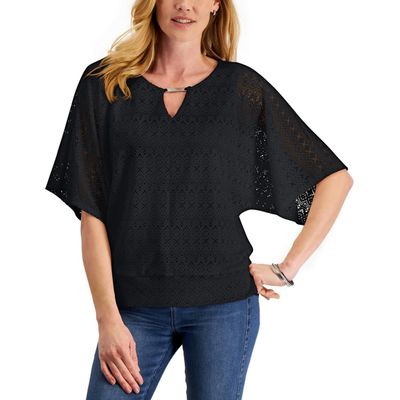 JM Collection Eyelet Poncho Top Deep Black L