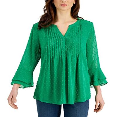 Charter CIub Petite Double Ruffle Textured Pintuck Top Bright Myrtle PXL Green