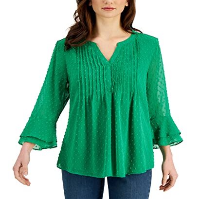 Charter CIub Petite Double Ruffle Textured Pintuck Top Bright Myrtle PXL Green