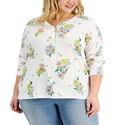 Style & Co Plus Size Knit Henley Top White Meadow 1X