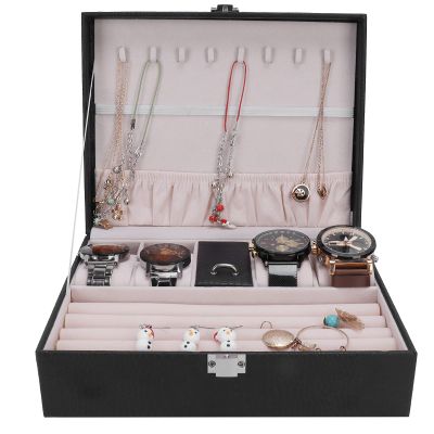 LYBLY Leather Jewelry Box, Jewelry and Watch Organizer with Lock Multi Layer Necklace Holder Display Earrings Storage Box/646