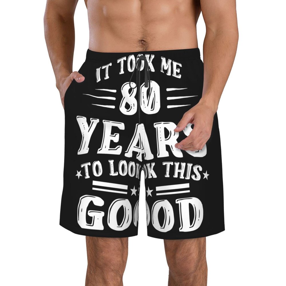 Happy 80th Birthday Men's Swim Trunks Quick Dry with Mesh Lining Beach Shorts Bathing Suit Swimwear Medium