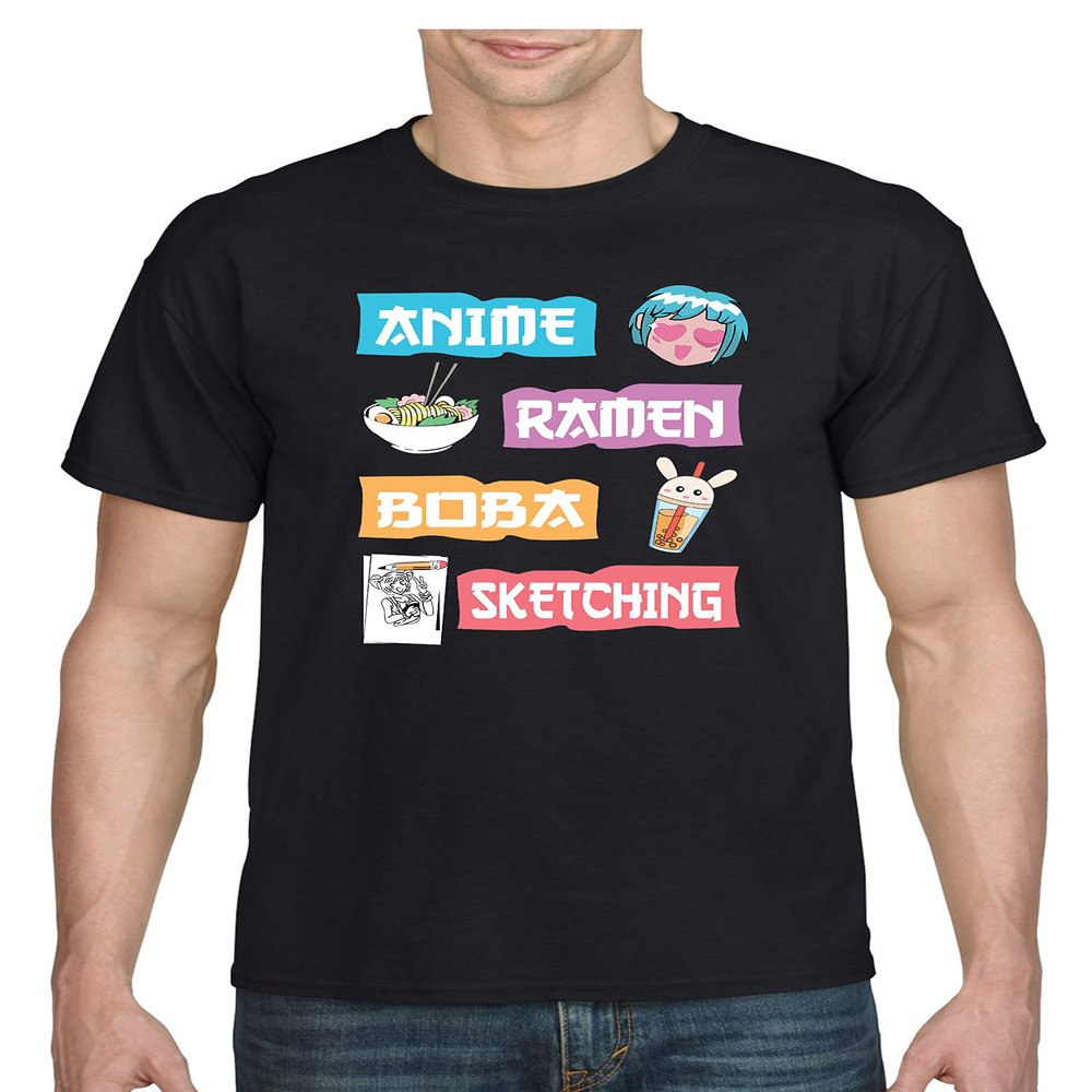 Anime Ramen Boba Sketching Kawaii Anime Fan Men's T Shirt (S, Black)