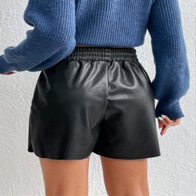 AKIOLOAS Women's Shorts Elastic Waist PU Leather Shorts Women's Shorts Shorts for Women (Color : Black, Size : X-Small)