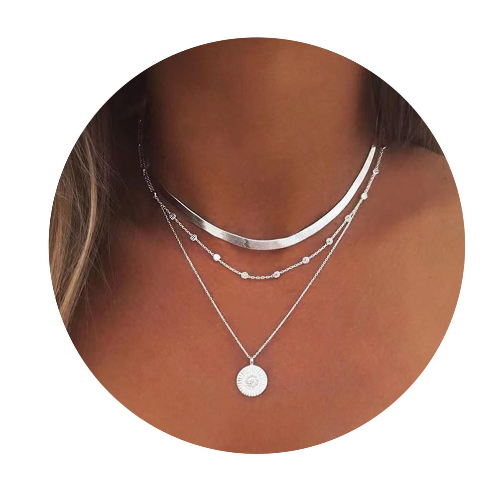 Lirgoriy Multi-layered Snake Chain Necklace for Women Silver Coin Pendant Choker Necklace Metal Bead Chain with Dainty Boho Choker Body Jewelry for Womens (silver-coin)