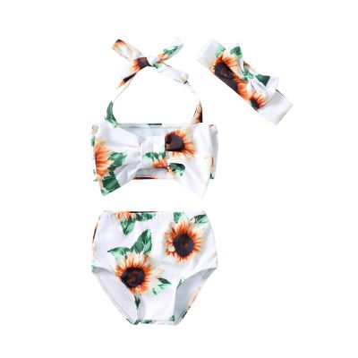 ZFZDRen 0M-3T Infant Girl Bikini Set Baby Girls Bowknot Swimwear Toddler Girl 3 Piece Bathing Suit Beach Swimsuit (12-18 Months, White-Sunflower)