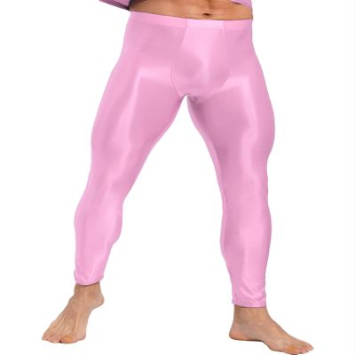 Hularka Men's Oil Shiny Compression Pants Nylon Stretchy Smooth Gym Workout Leggings Tights Pink Large