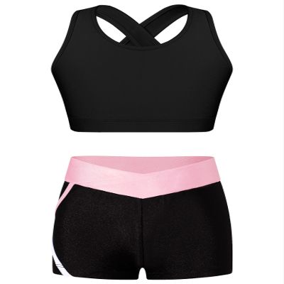 dPois Kids Girls 2 Pieces Dance Outfit Gymnastics Crop Tank Sleeveless Shiny Tops Sport Bra and Shorts Set Tracksuit Black&Pink 4 Years