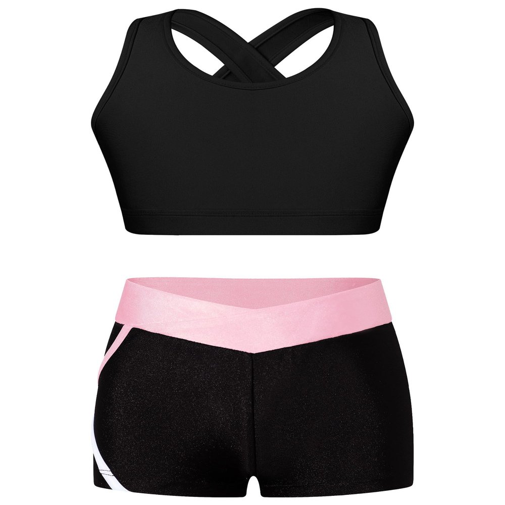 dPois Kids Girls 2 Pieces Dance Outfit Gymnastics Crop Tank Sleeveless Shiny Tops Sport Bra and Shorts Set Tracksuit Black&Pink 4 Years