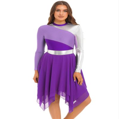 JEEYJOO JEYPINMI Women's Praise Liturgical Dance Dress High Low Chiffon Worship Metallic Color Block Costume Chiffon_Purple Large