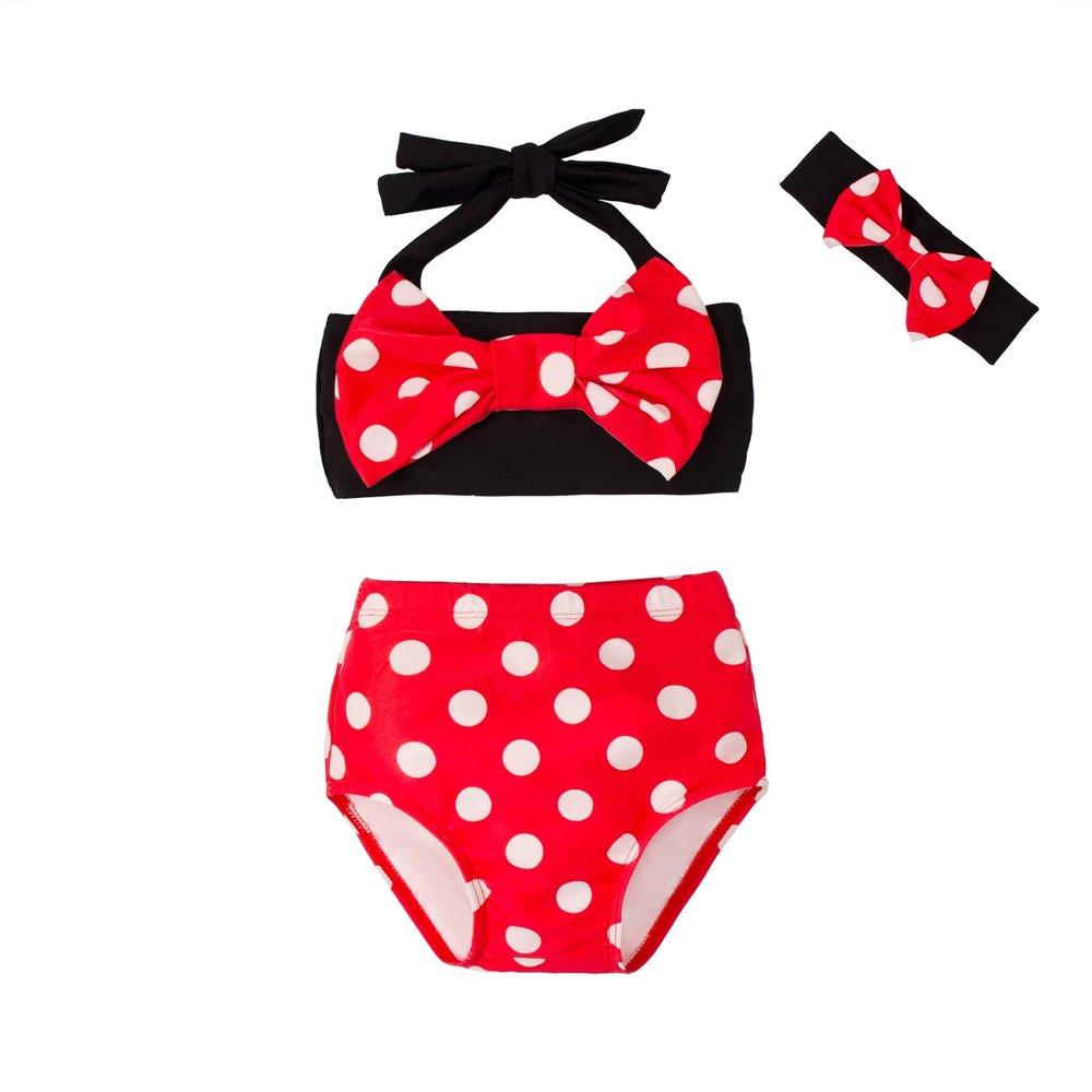 ZFZDRen 0M-3T Infant Girl Bikini Set Baby Girls Bowknot Swimwear Toddler Girl 3 Piece Bathing Suit Beach Swimsuit (18-24 Months, Black Red-Dot)