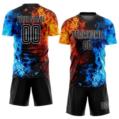 Customized Fire Soccer Team Jersey, Personalized Blue and Yellow Football Practice Shirts, Design Your Cool Top Shorts Set with Printed Name Number, Novelty Flame Sport Fan Mens Boys Club Jerseys