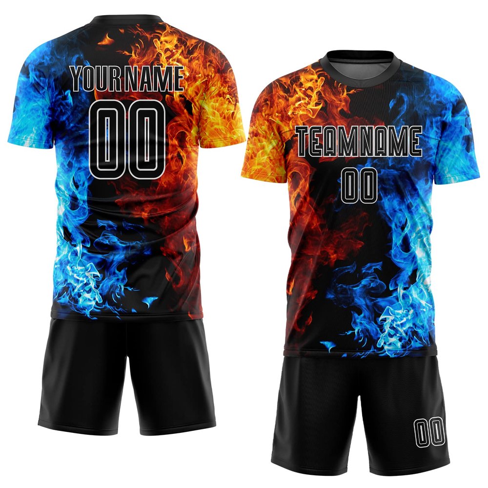 Customized Fire Soccer Team Jersey, Personalized Blue and Yellow Football Practice Shirts, Design Your Cool Top Shorts Set with Printed Name Number, Novelty Flame Sport Fan Mens Boys Club Jerseys