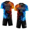 Customized Fire Soccer Team Jersey, Personalized Blue and Yellow Football Practice Shirts, Design Your Cool Top Shorts Set with Printed Name Number, Novelty Flame Sport Fan Mens Boys Club Jerseys view 1