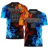 Customized Fire Soccer Team Jersey, Personalized Blue and Yellow Football Practice Shirts, Design Your Cool Top Shorts Set with Printed Name Number, Novelty Flame Sport Fan Mens Boys Club Jerseys view 2