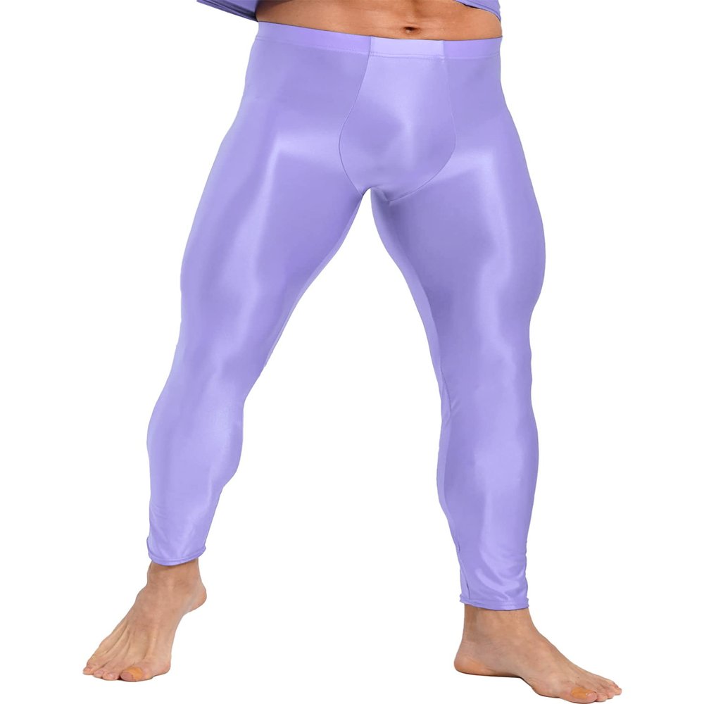 Vxuxlje Men's Oil Glossy Compression Pants Leggings Shiny Stretchy Workout Sports Tights Trousers Light Purple X-Large