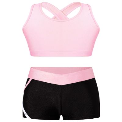 dPois Kids Girls 2 Pieces Dance Outfit Gymnastics Crop Tank Sleeveless Shiny Tops Sport Bra and Shorts Set Tracksuit Pink 12 Years