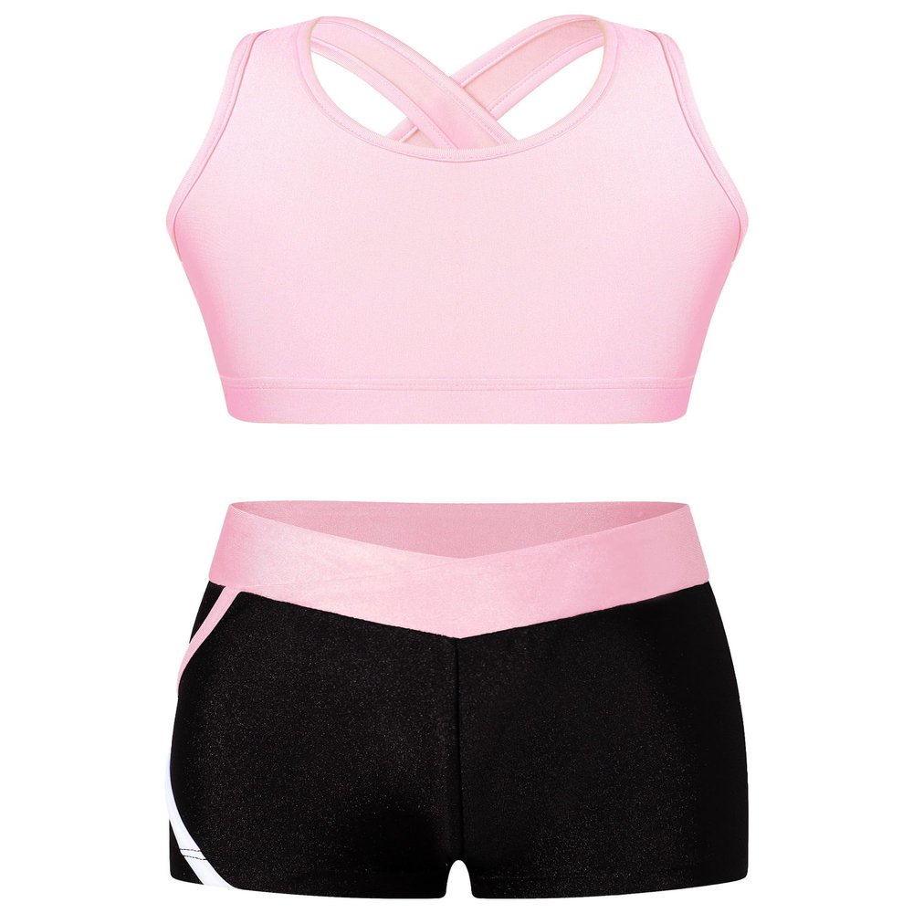 dPois Kids Girls 2 Pieces Dance Outfit Gymnastics Crop Tank Sleeveless Shiny Tops Sport Bra and Shorts Set Tracksuit Pink 12 Years