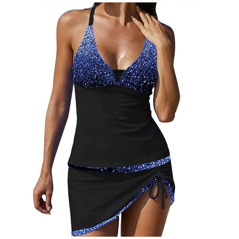 Tankini Swimsuits Womens Sexy Glitter V Neck Pads Two Piece Bathing Suit Neckholder Tank Top with Skirt (X01-Blue, L)