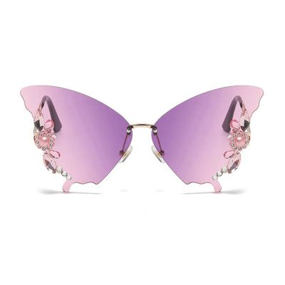 COTIA Butterfly Diamond Sunglasses for Women Rimless Oversized Prom Party Fashion Vintage Bling Crystal Colorful Sun Glasses (purple)