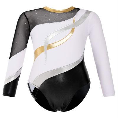 Shinsto Gymnastics Leotards for Girls Long Sleeve Contrast Color Shiny Rhinestone Ballet Dance Leotard White 16 Years