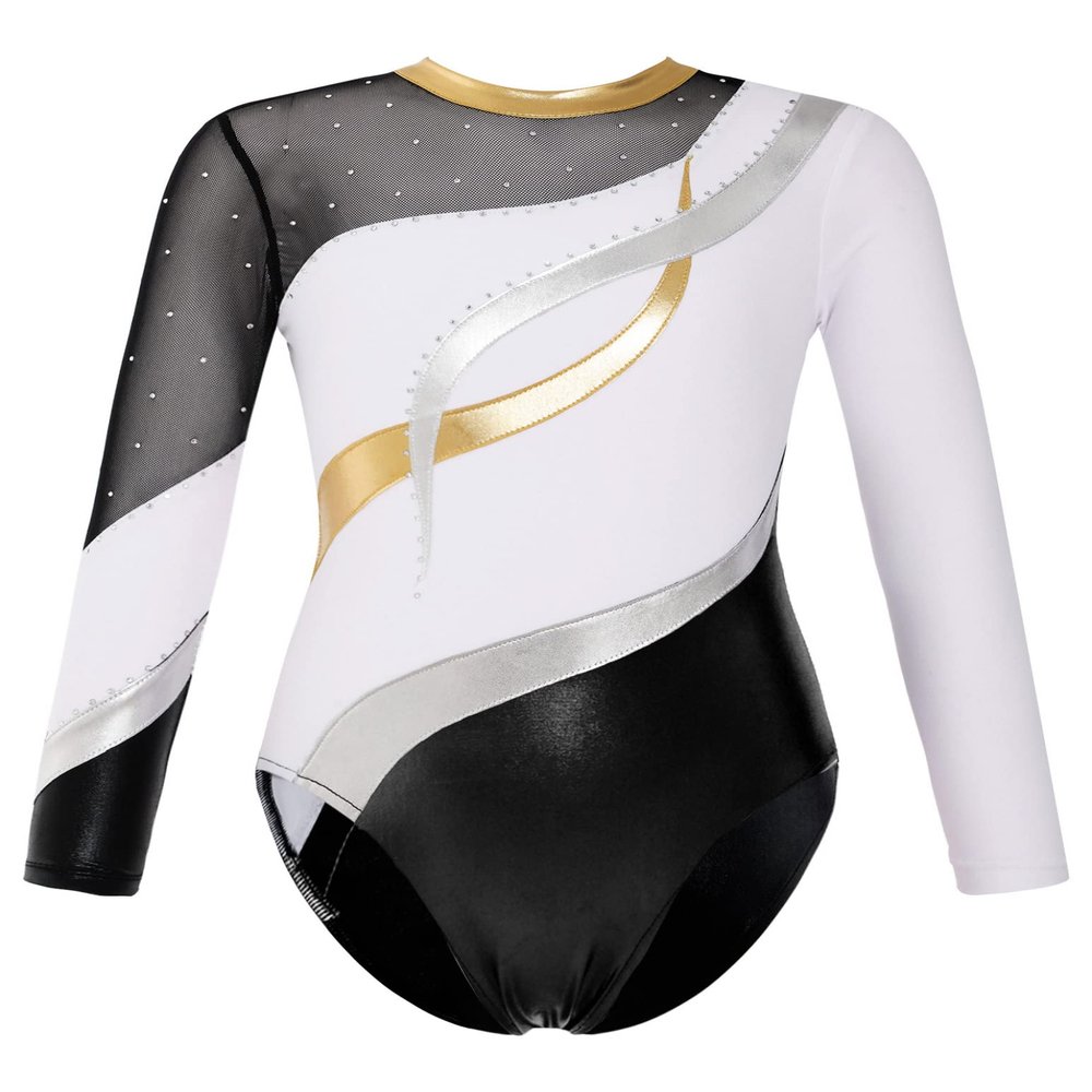Shinsto Gymnastics Leotards for Girls Long Sleeve Contrast Color Shiny Rhinestone Ballet Dance Leotard White 16 Years